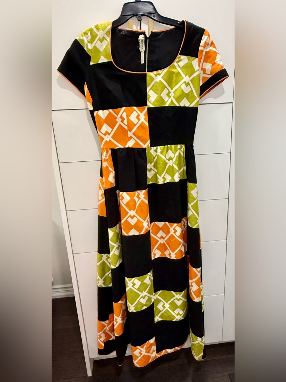 High end 60/70s designer geometric patchwork dress, Valditevere for Creeds